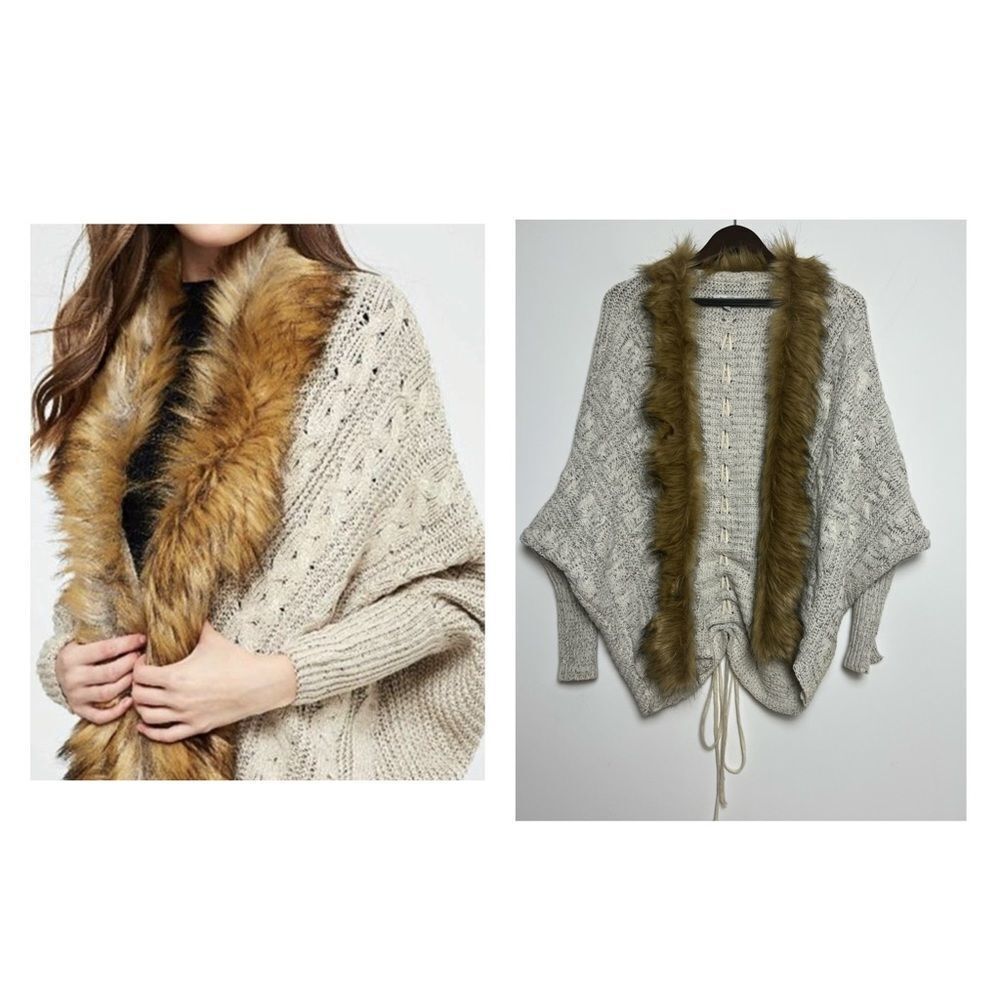 Women's Beige Cardigan with Faux Fur Trim